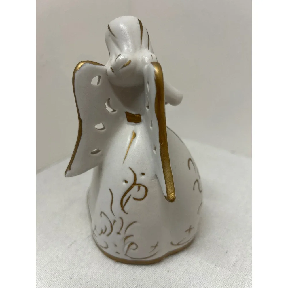 White Bisque Angel Figurine Playing Violin Gold‎ Trim Angel Christmas Decor